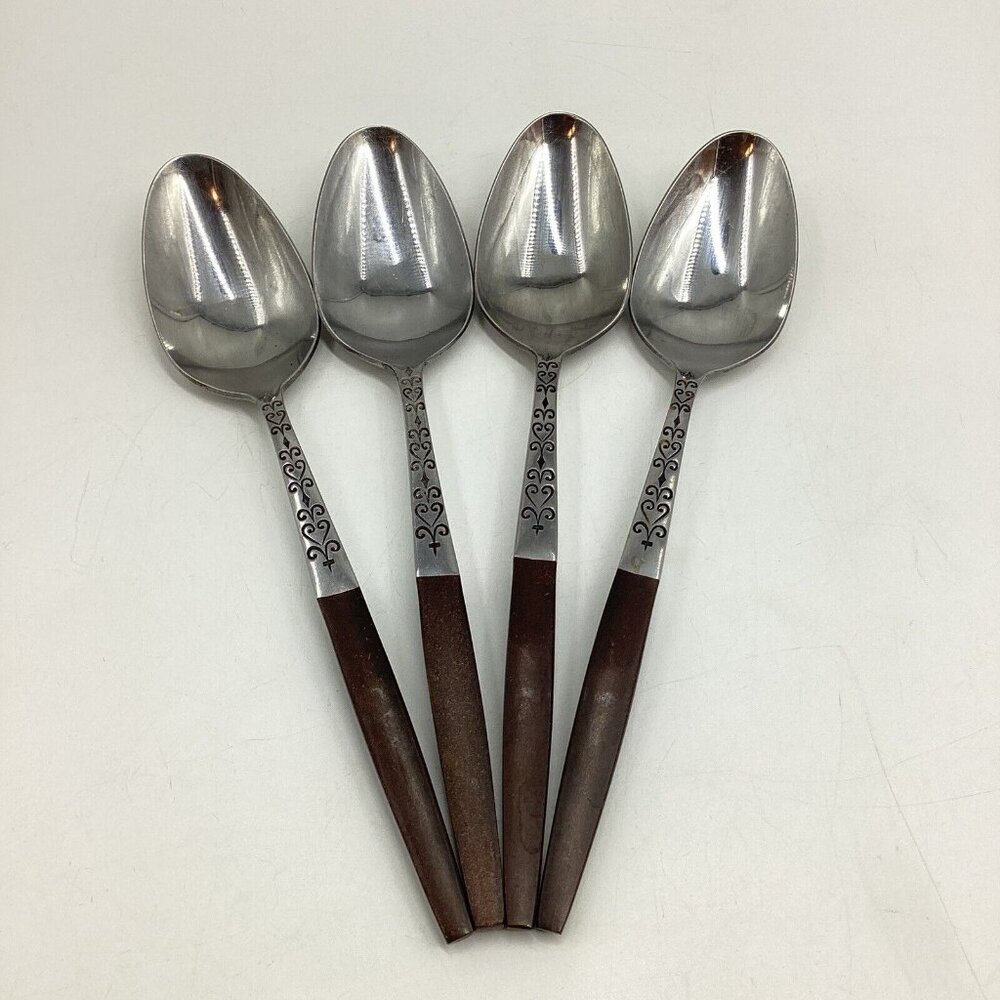 Interpur INR2 Set of 4 Scroll Stainless Faux Wood Handle Spoons Japan 7.5”